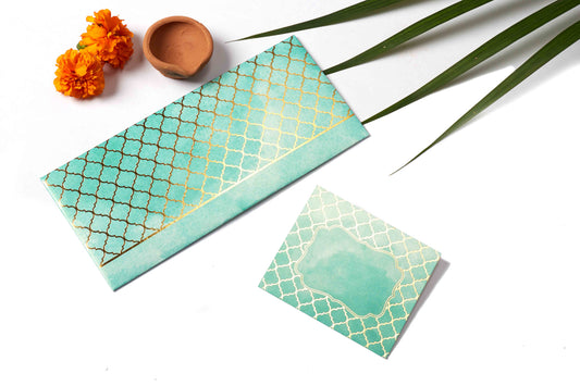 Watercolor Moroccan Theme Personalized Gold Foiled Envelope & Flat Tag Combo