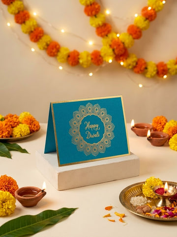 Mandala Theme Diwali Gold Foiled Folded Gift Tag-Turqouise