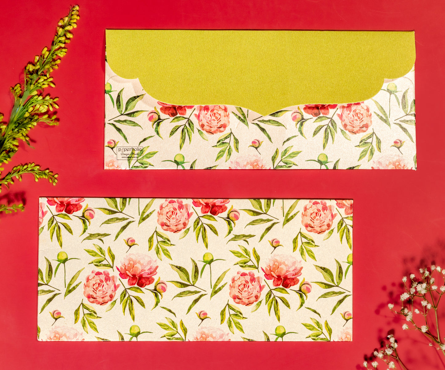 Peonies Design Money/Shagun Envelopes With Green Flap