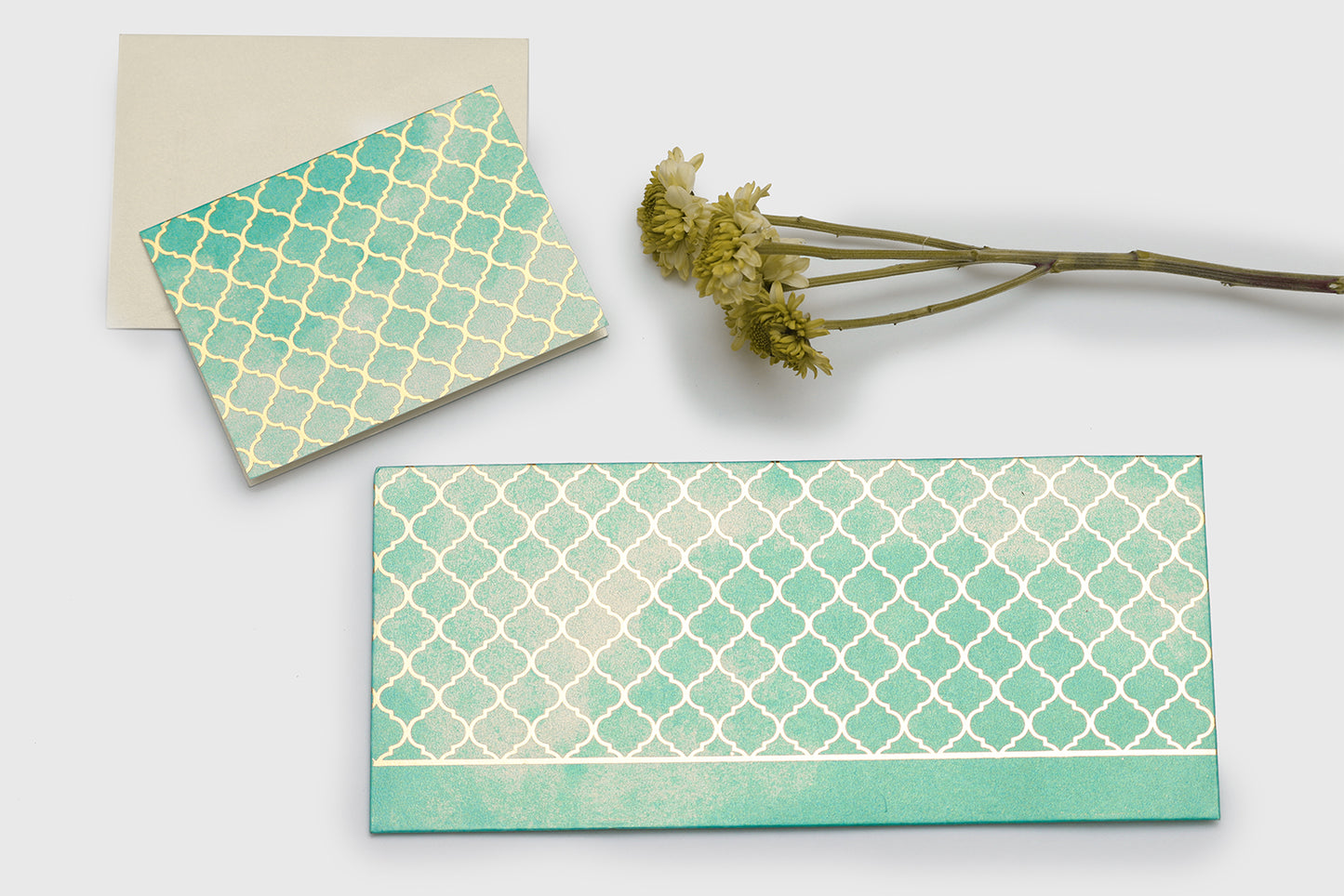Watercolor Moroccan Theme Personalized Gold Foiled Envelope & Folded Tag Combo
