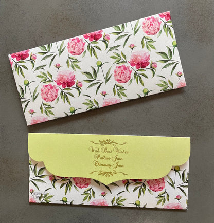 Peonies Design Money/Shagun Envelopes With Green Flap