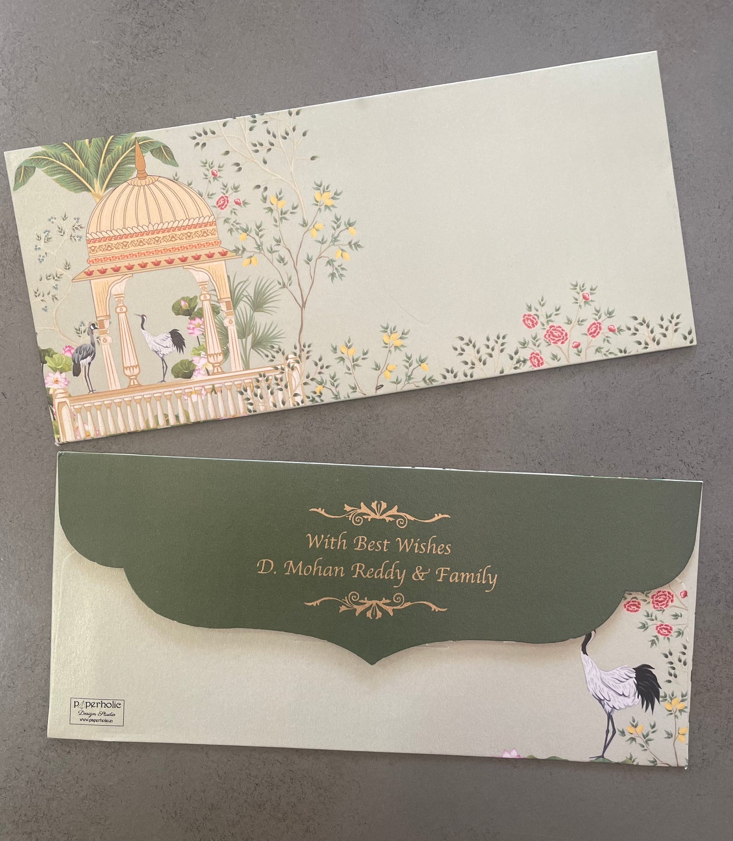 Mughal Garden Theme Money/Shagun Envelopes with Green Flap