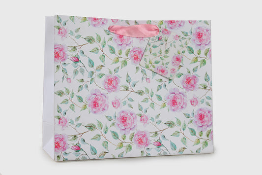 Powder White Floral Design Gift Bag Medium