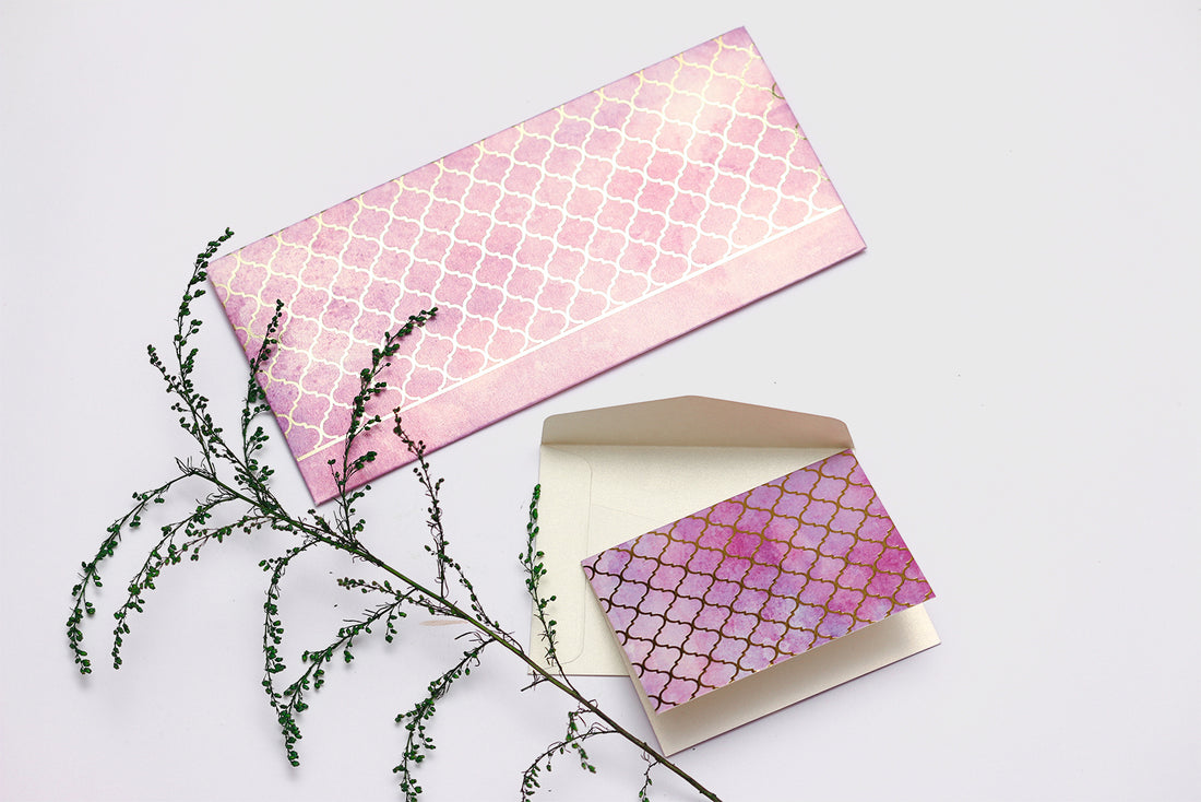 Watercolor Moroccan Theme Personalized Gold Foiled Envelope & Folded Tag Combo
